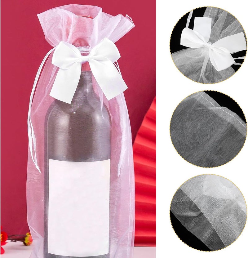 VERDANVERSE 30Pcs White Sheer Drawstring Wine Wrapping Bags Mesh Favor Bags with Ribbon Bow for Bottle Packaging Party Decoration - Image 4