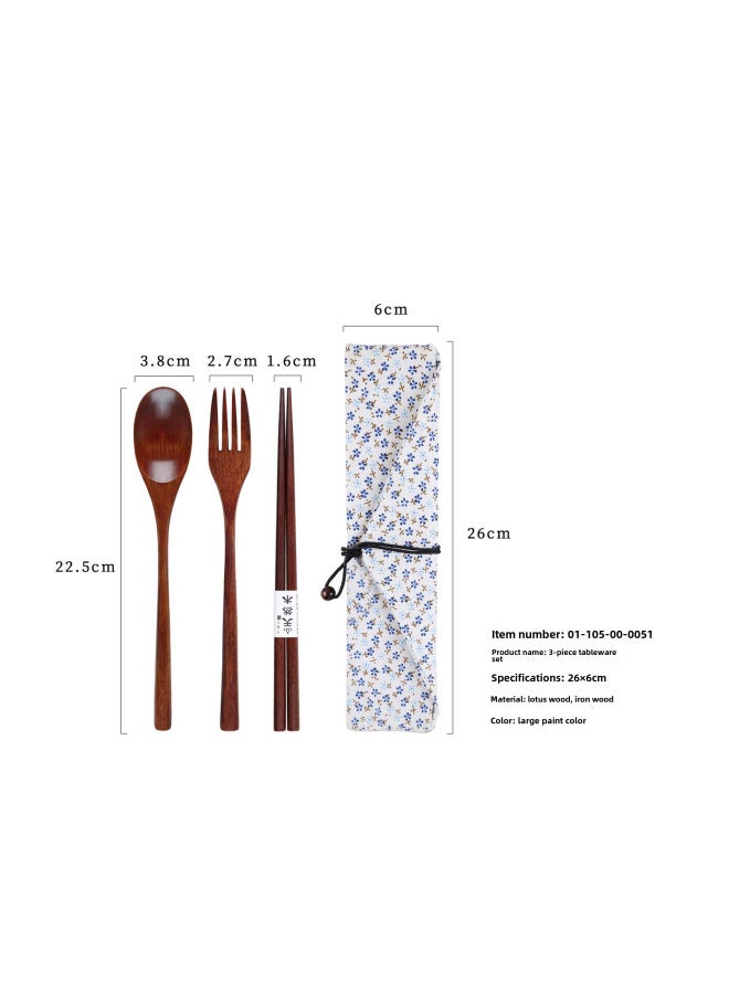 Yfjy Special Season Japanese Wooden Chopsticks Spoon Fork Portable One-person Spoon Fork Chopsticks Picnic Three-piece Cloth Bag-Specifications:(Lotus Wood) 22.5 Spoon And Fork Chopsticks Big Paint + Small Flower  - Image 1