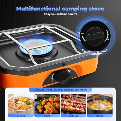 FAHKNS Adjustable 2-Burner Portable Stove with 16000 BTU, with Camping Grill and Carrying Bag, Portable Propane Camp Stove with 2 Burners & Piezo Ignition for Camping, Backyard BBQ,Tailgating (Orange) - Image 4
