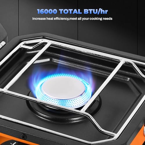 FAHKNS Adjustable 2-Burner Portable Stove with 16000 BTU, with Camping Grill and Carrying Bag, Portable Propane Camp Stove with 2 Burners & Piezo Ignition for Camping, Backyard BBQ,Tailgating (Orange) - Image 2