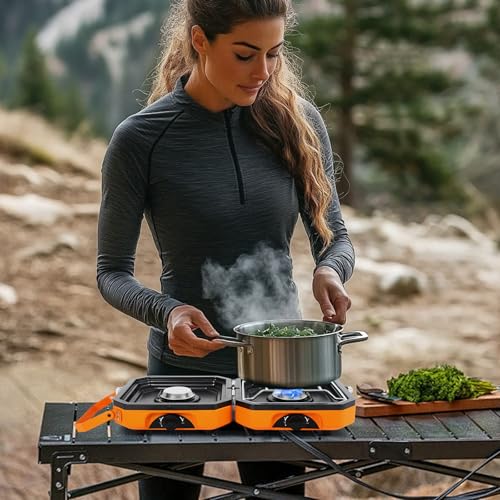 FAHKNS Adjustable 2-Burner Portable Stove with 16000 BTU, with Camping Grill and Carrying Bag, Portable Propane Camp Stove with 2 Burners & Piezo Ignition for Camping, Backyard BBQ,Tailgating (Orange) - Image 3