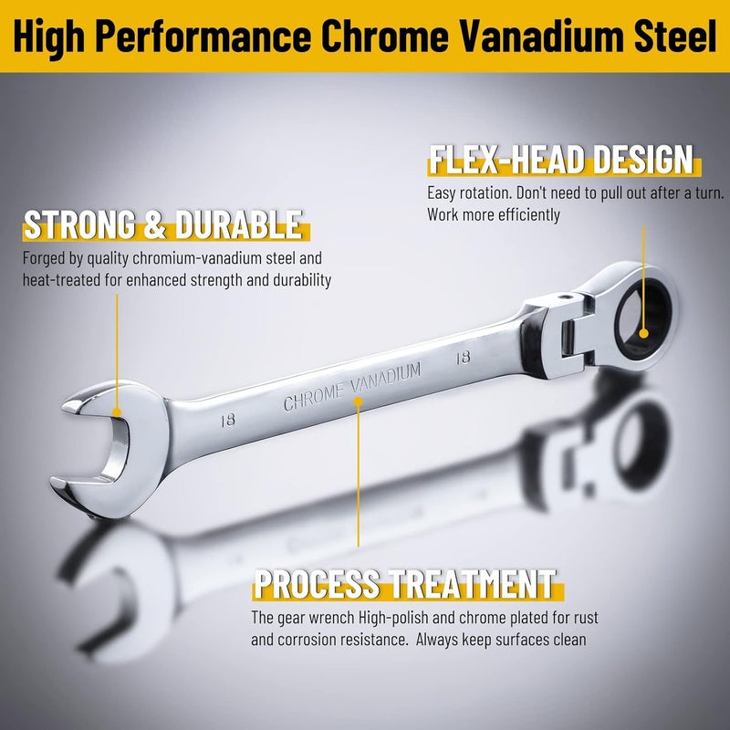 Pilida 18mm Ratcheting Combination Wrench 12 Point Metric Flex Head Gear Wrench Rachet Box End Spanner 72 Teeth Chrome Vanadium Steel - Image 2