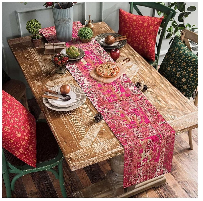 E - Ezra EEZRA Pink Golden Ethnic Vintage Silk Jacquard Dinning Table Runner Elephant Pattern Table Cloth Traditional Dinning Table Runner 16 x 60 in - Image 1