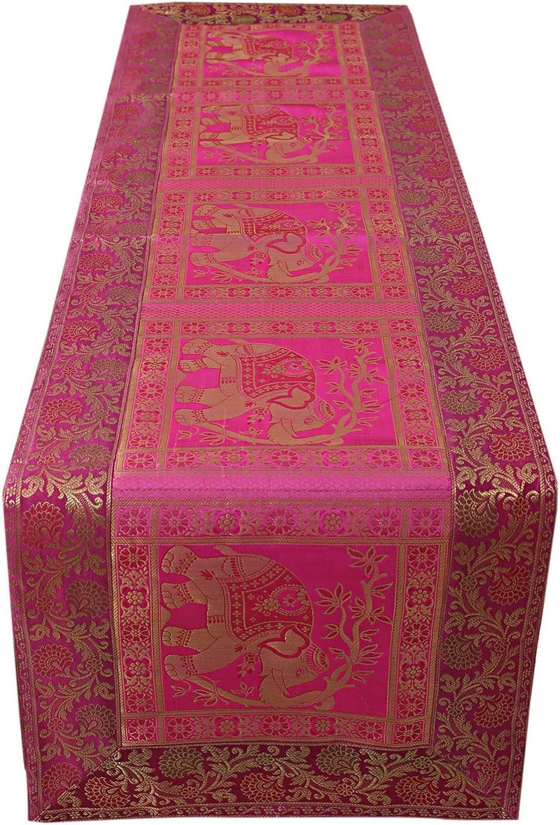 E - Ezra EEZRA Pink Golden Ethnic Vintage Silk Jacquard Dinning Table Runner Elephant Pattern Table Cloth Traditional Dinning Table Runner 16 x 60 in - Image 2