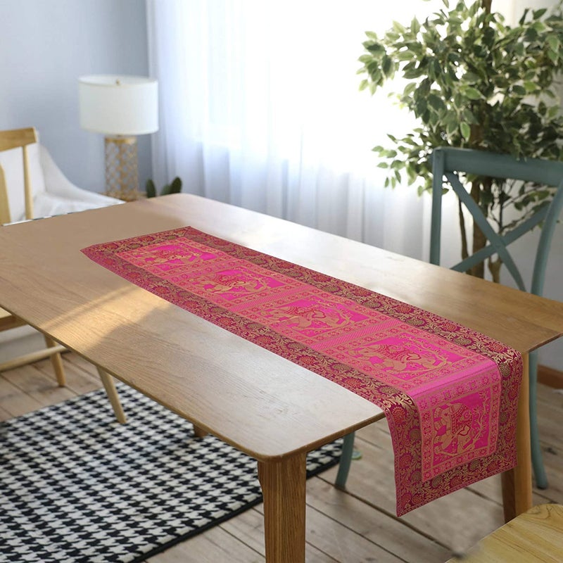 E - Ezra EEZRA Pink Golden Ethnic Vintage Silk Jacquard Dinning Table Runner Elephant Pattern Table Cloth Traditional Dinning Table Runner 16 x 60 in - Image 3