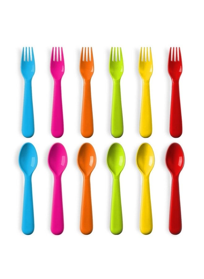 PLASKIDY Plastic Toddler Utensils Set of 12 Kids Utensils Forks and Spoons - BPA FREE/Dishwasher Safe Toddlers Silverware Set Brightly Colored Children's Safe Flatware Cutlery Set - Image 1