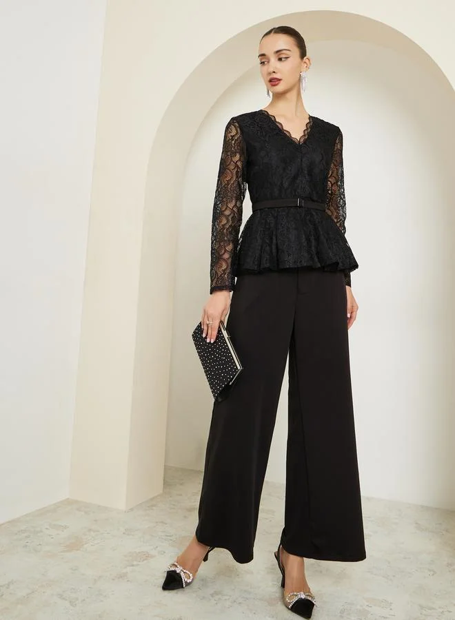 Styli Black Scallop Neckline Lace Peplum Top