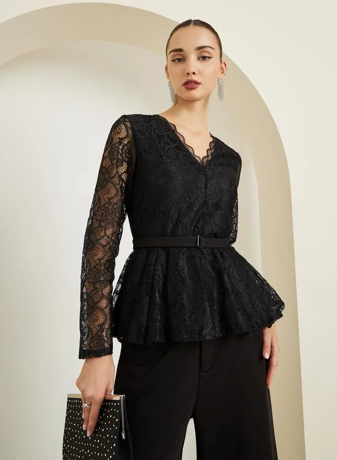 Styli Black Scallop Neckline Lace Peplum Top