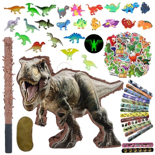 JOARHONAL 142 Pcs Dinosaur Piata Party Set Small Jungle Dinosaur Piata Set with Blindfold and Bat Include Kids Dinosaur Themed Party Favors for Boys and GirlsSmall Size Piata 145x125x3 - Image 1