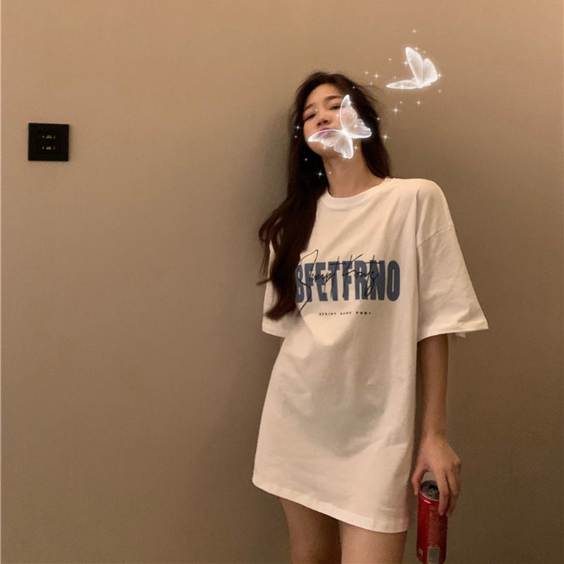 White T-shirt Women's Spring and Summer 2025 New Korean-style Hong Kong-style Retro Printed Middle-length Top Base Shirt for Students - Image 3