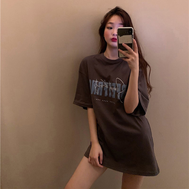 White T-shirt Women's Spring and Summer 2025 New Korean-style Hong Kong-style Retro Printed Middle-length Top Base Shirt for Students - Image 1
