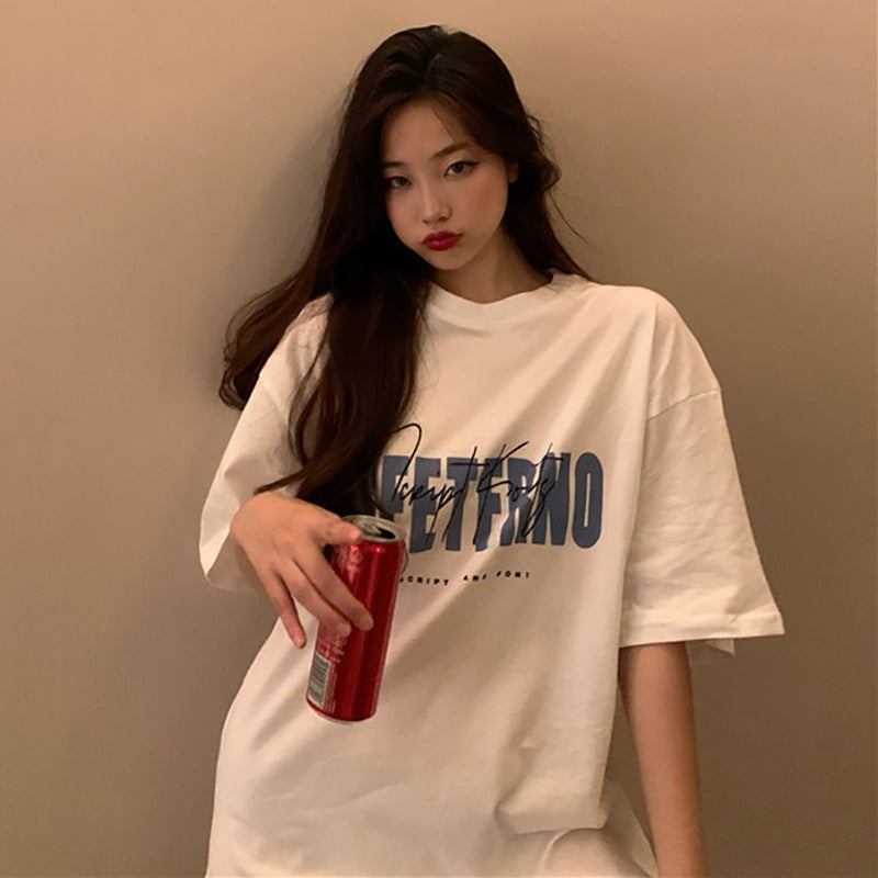 White T-shirt Women's Spring and Summer 2025 New Korean-style Hong Kong-style Retro Printed Middle-length Top Base Shirt for Students - Image 2