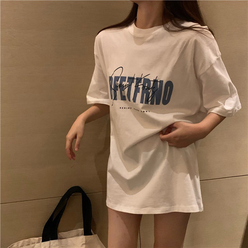 White T-shirt Women's Spring and Summer 2025 New Korean-style Hong Kong-style Retro Printed Middle-length Top Base Shirt for Students - Image 4
