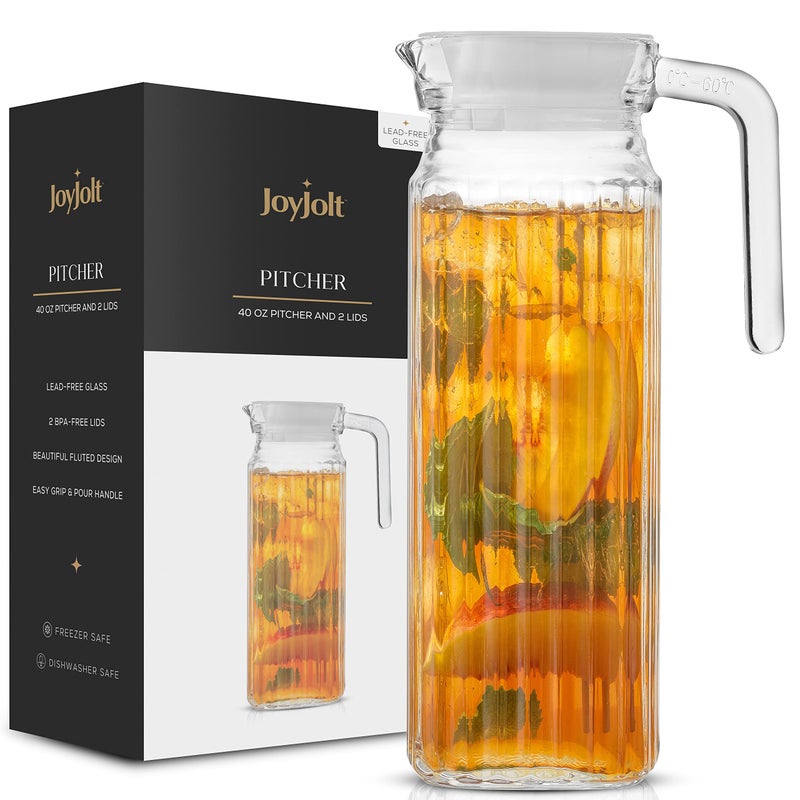JoyJolt 40oz Glass Pitcher with Lid 2 Lids  Beverage Serveware Storage Container and Carafe for Cold Drinks and Liquids Glass Water Pitcher also for Juice Bedside Carafe Sun Tea Jar 