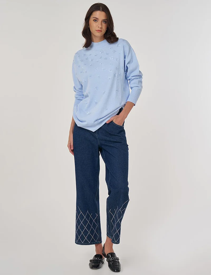 Kayra Floral Appliquéd Knit Tunic in Light Blue