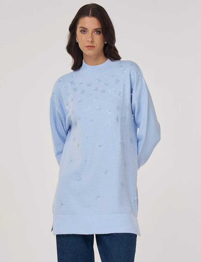 Kayra Floral Appliquéd Knit Tunic in Light Blue