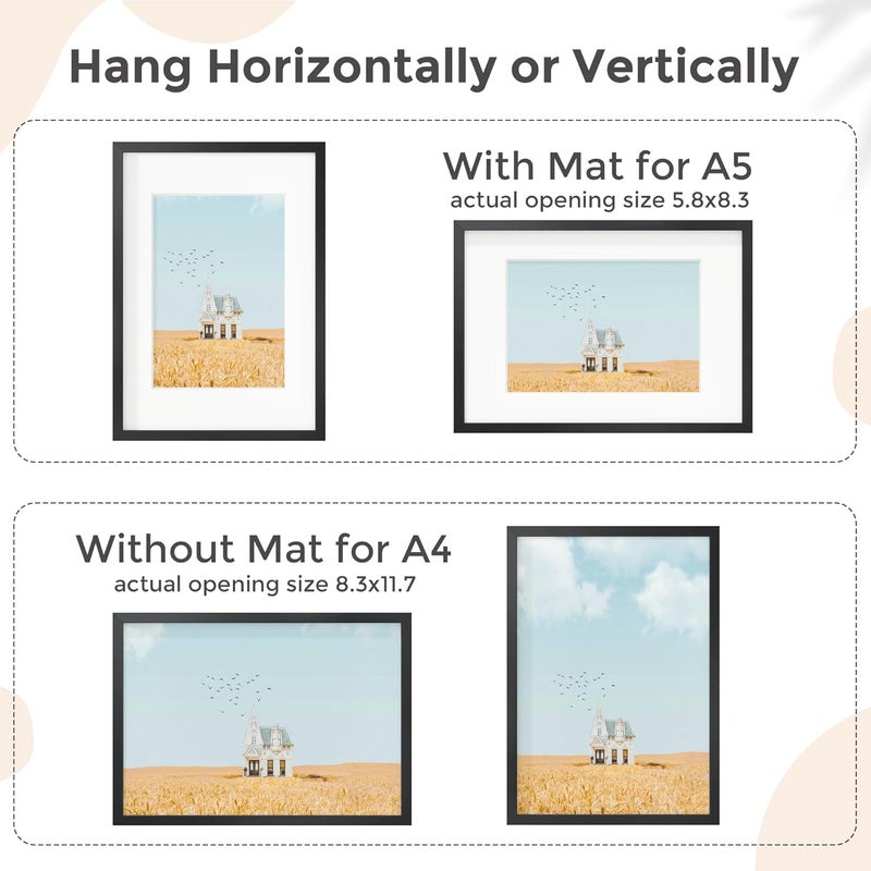 FLYJOE A4 Picture Frame Black - High-End Metal 8.3 x 11.7 Frame for Wall, with Mat for A5, 8.25 x 11.75 Poster Frame, Certificate Frame with Glass, Wall Kit, Black - Image 4