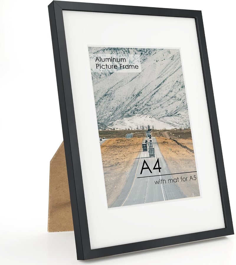 FLYJOE A4 Picture Frame Black - High-End Metal 8.3 x 11.7 Frame for Wall, with Mat for A5, 8.25 x 11.75 Poster Frame, Certificate Frame with Glass, Wall Kit, Black - Image 1