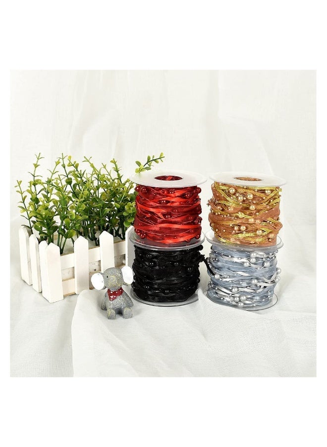 11 Yards Red Beads Chain Ribbon Artificial Pearls String Beads Sheer Chiffon Satin 3 Strings Style for Garland Wedding Party Crafts Decoration Gift Wrapping Valen tine's Day Bouquet Packaging - Image 2