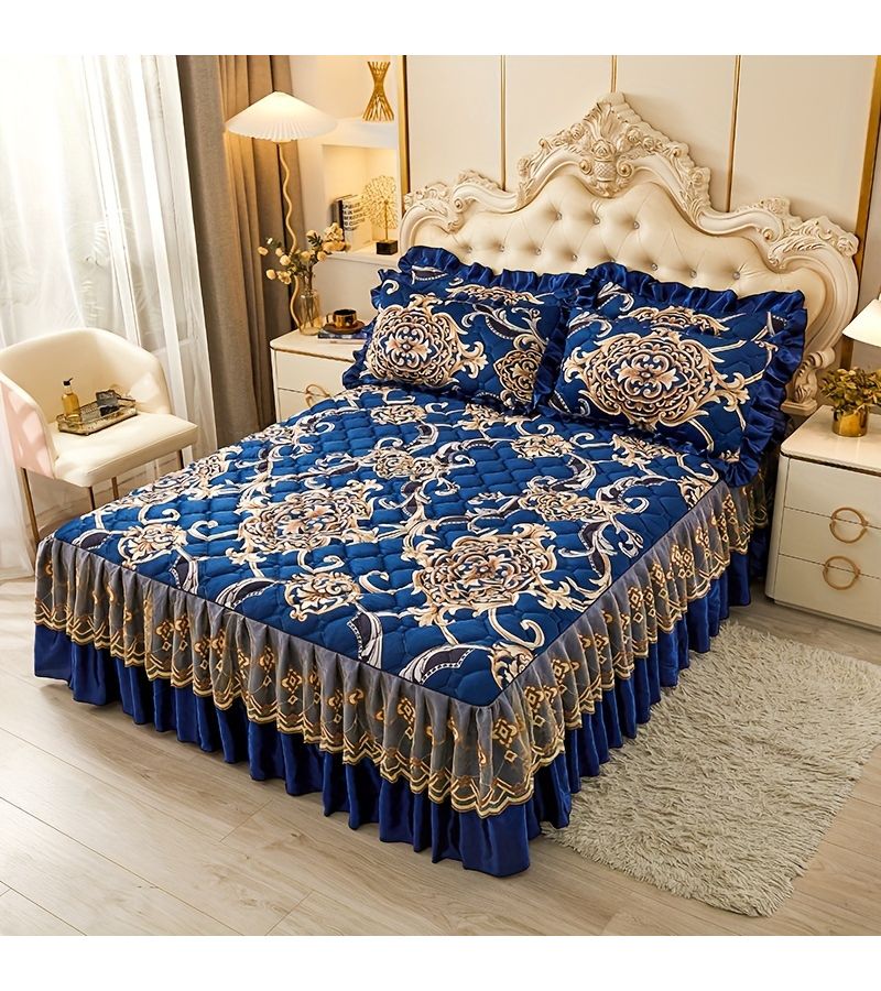 Red Crystal Velvet Quilted Bed Skirt Set 160x200cm Soft Skin Friendly - Image 5