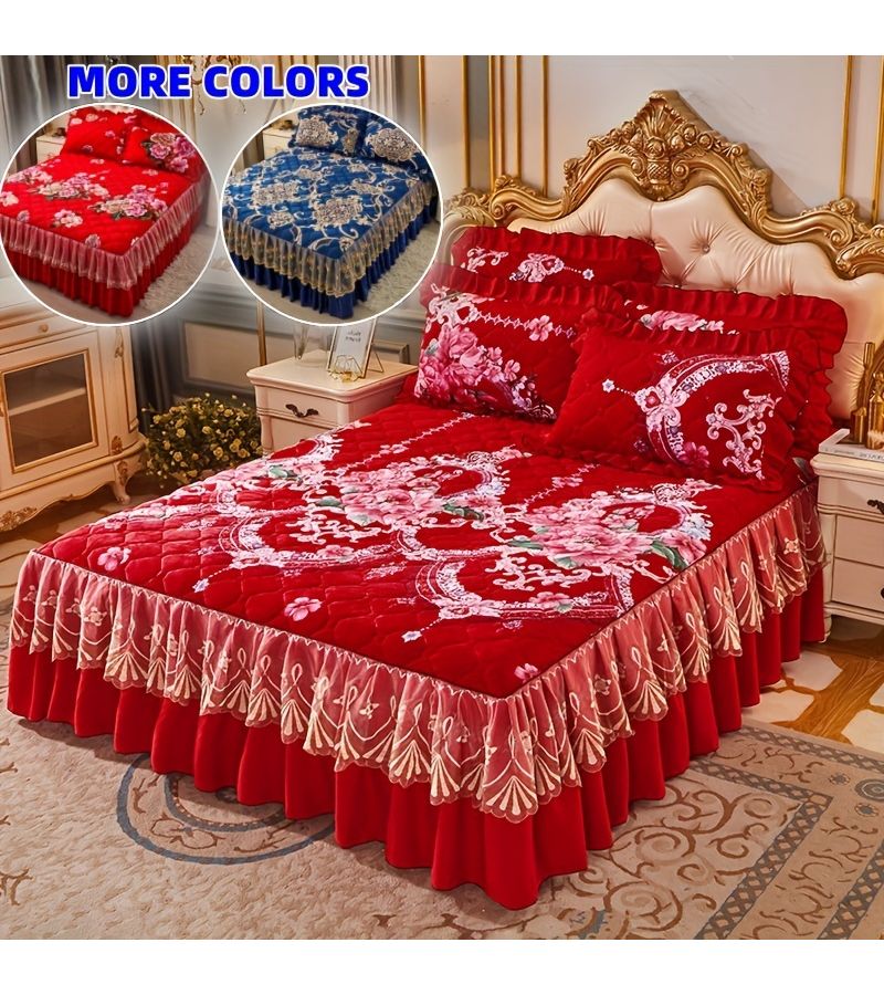 Red Crystal Velvet Quilted Bed Skirt Set 160x200cm Soft Skin Friendly - Image 1