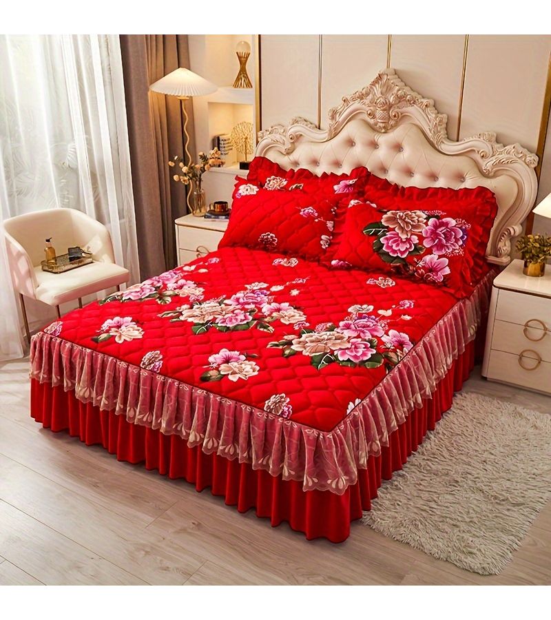 Red Crystal Velvet Quilted Bed Skirt Set 160x200cm Soft Skin Friendly - Image 2