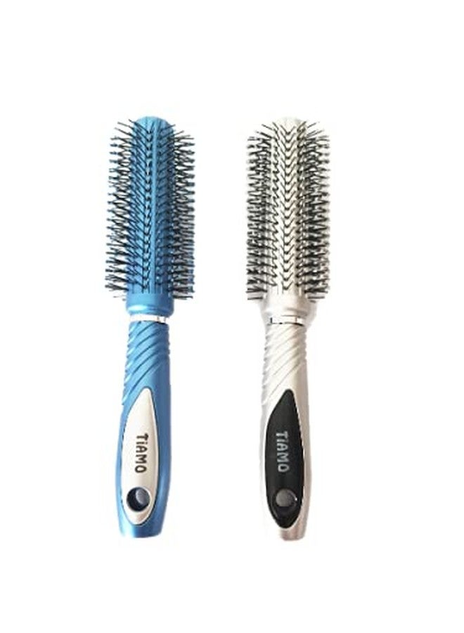 Tiamo Round Plastic Hairbrush set blue and silver for grooming - Image 1