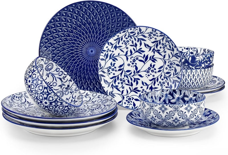 vancasso SELENE Plates and Bowls Set for 4, 12 Pieces Dinnerware Sets, Mircowave and Dishwasher Safe Dishes Set, Porcelain Blue Dinnerware - Image 1