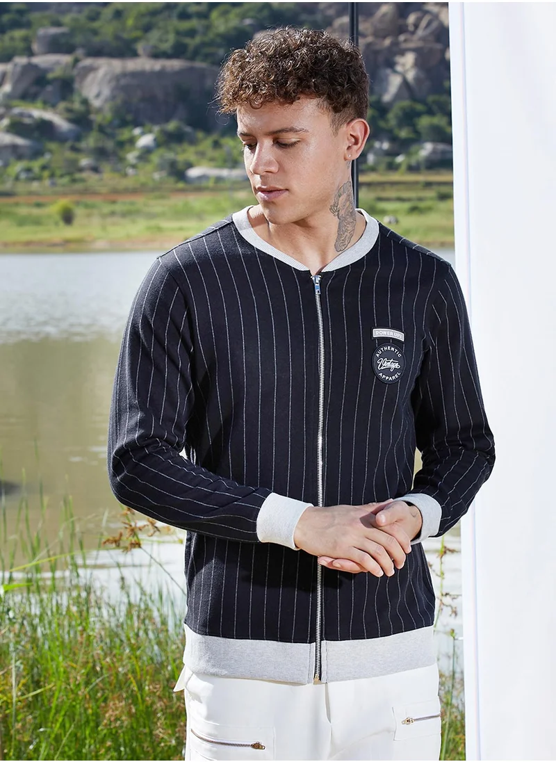 كامبوس سوترا Men's Navy Blue Pinstriped Jacket With Contrast Hem