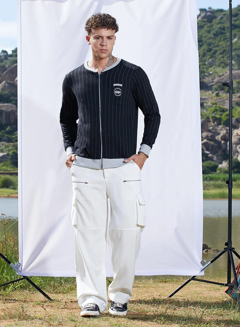 كامبوس سوترا Men's Navy Blue Pinstriped Jacket With Contrast Hem