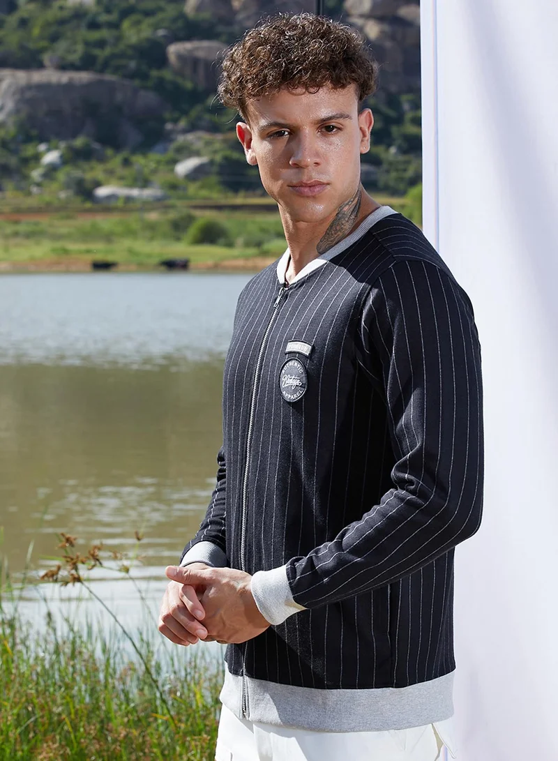 كامبوس سوترا Men's Navy Blue Pinstriped Jacket With Contrast Hem
