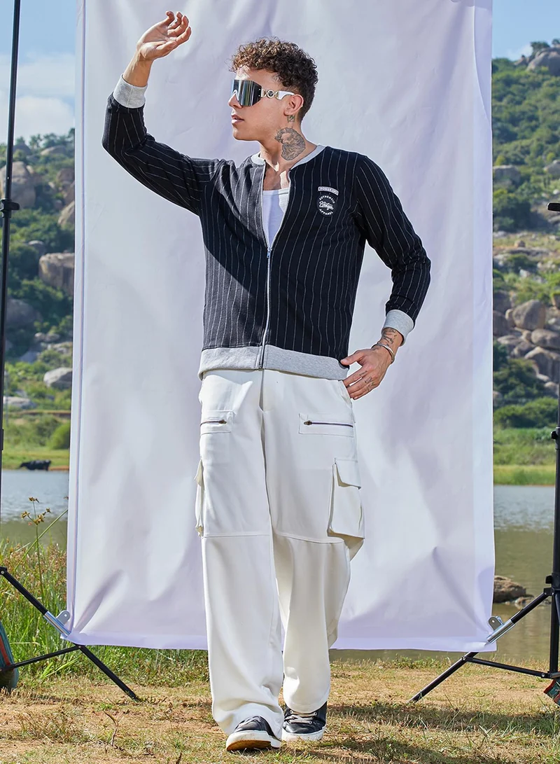 كامبوس سوترا Men's Navy Blue Pinstriped Jacket With Contrast Hem