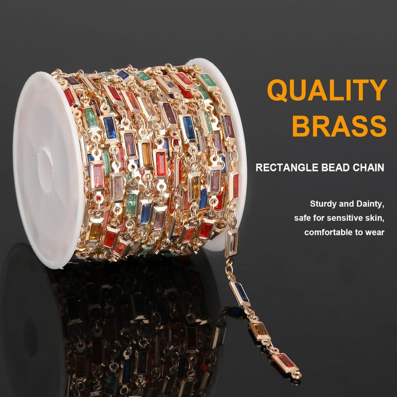 KYUNHOO 13 Feet Mix Colored Rectangular Rhinestone Chain Spool Paperclip Chain Links Gold Plated Chains for Jewelry Making Brass Chain Bulk with Jump Rings and Lobster Clasps - Image 3
