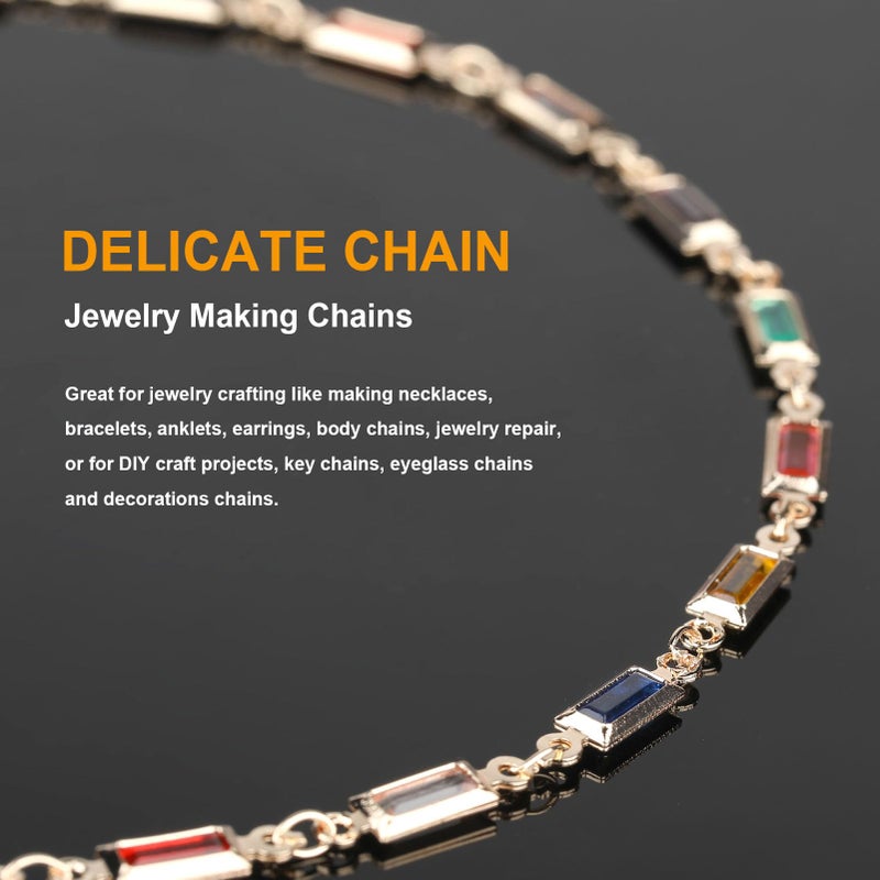 KYUNHOO 13 Feet Mix Colored Rectangular Rhinestone Chain Spool Paperclip Chain Links Gold Plated Chains for Jewelry Making Brass Chain Bulk with Jump Rings and Lobster Clasps - Image 4