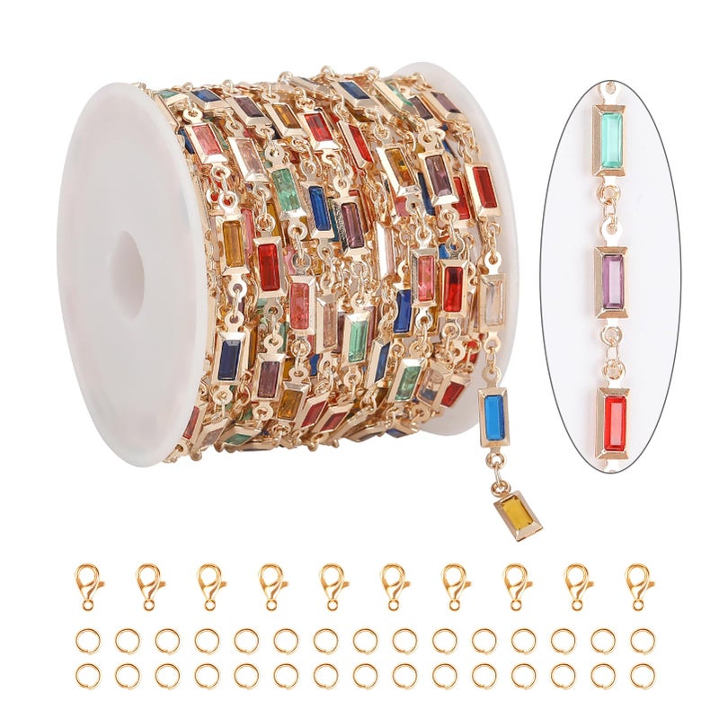 KYUNHOO 13 Feet Mix Colored Rectangular Rhinestone Chain Spool Paperclip Chain Links Gold Plated Chains for Jewelry Making Brass Chain Bulk with Jump Rings and Lobster Clasps - Image 1