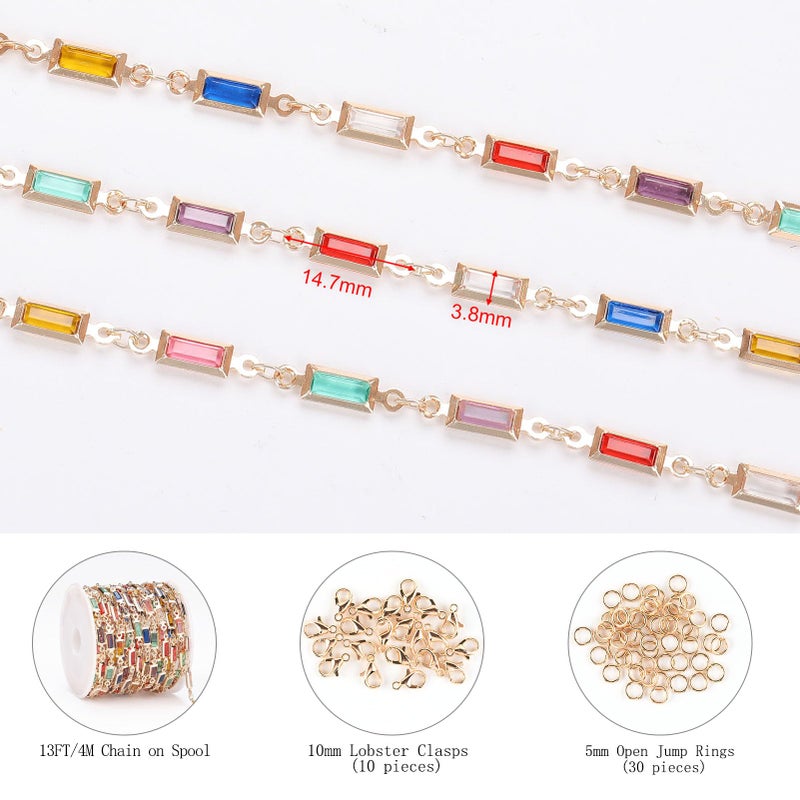KYUNHOO 13 Feet Mix Colored Rectangular Rhinestone Chain Spool Paperclip Chain Links Gold Plated Chains for Jewelry Making Brass Chain Bulk with Jump Rings and Lobster Clasps - Image 2