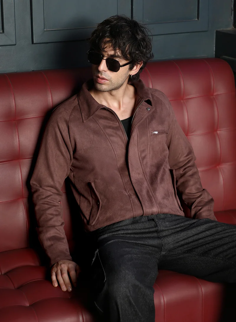 كامبوس سوترا Men Suede Bomber Jacket | Point Collar, Long Button-Cuff Sleeves | Zipper , Band-Straight Hem | Solid Textured | Woven Fabric For Casual & Daily Wear | Chocolate Brown