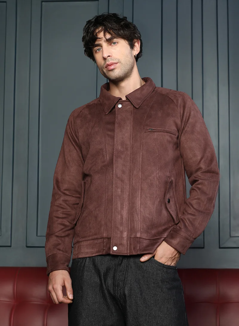 كامبوس سوترا Men Suede Bomber Jacket | Point Collar, Long Button-Cuff Sleeves | Zipper , Band-Straight Hem | Solid Textured | Woven Fabric For Casual & Daily Wear | Chocolate Brown
