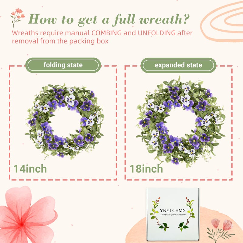 YNYLCHMX 18" Spring Summer Wreaths for Front Door, Artificial Floral Wreath with Purple Pansy Flowers Green Eucalyptus Leaves, Green Foliage Wreath for Wall Window Farmhouse Party Holiday Home Decor - Image 3