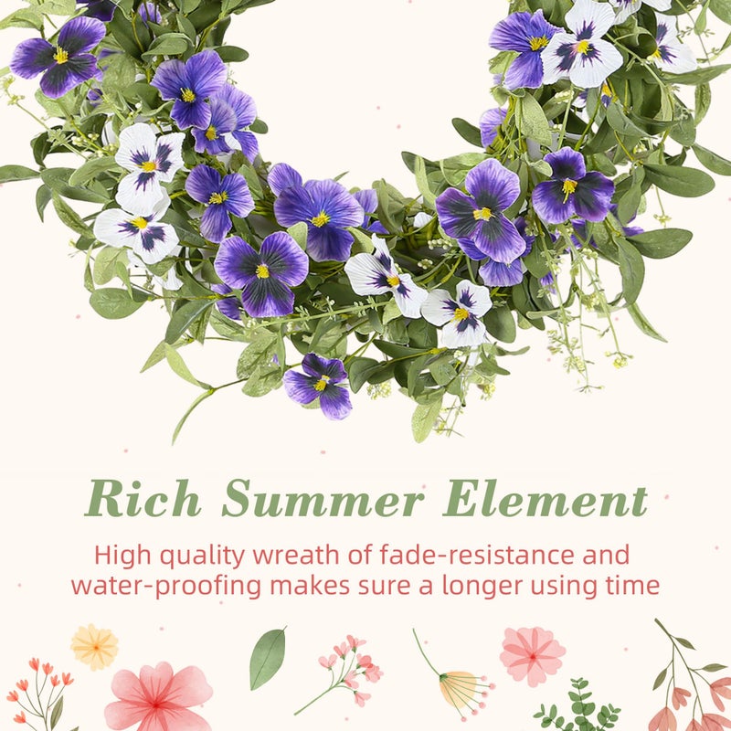 YNYLCHMX 18" Spring Summer Wreaths for Front Door, Artificial Floral Wreath with Purple Pansy Flowers Green Eucalyptus Leaves, Green Foliage Wreath for Wall Window Farmhouse Party Holiday Home Decor - Image 5