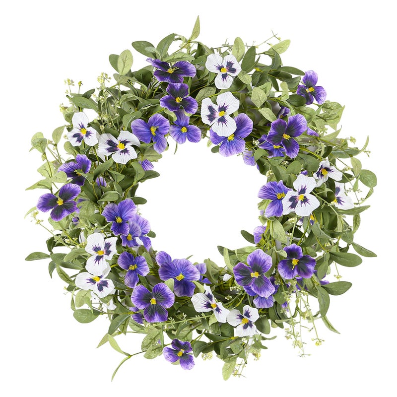 YNYLCHMX 18" Spring Summer Wreaths for Front Door, Artificial Floral Wreath with Purple Pansy Flowers Green Eucalyptus Leaves, Green Foliage Wreath for Wall Window Farmhouse Party Holiday Home Decor - Image 1