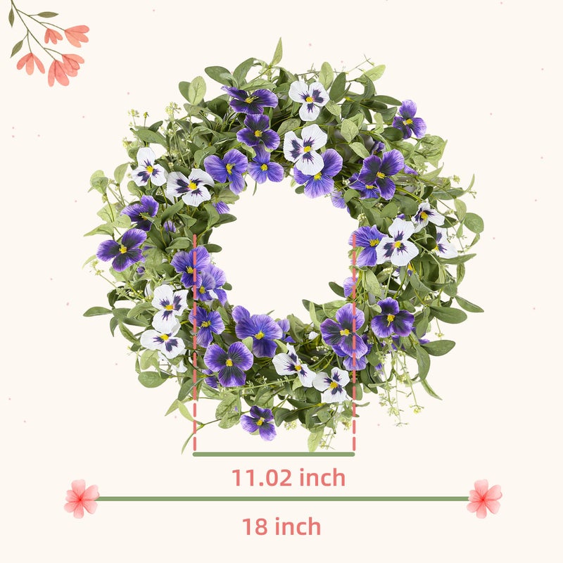 YNYLCHMX 18" Spring Summer Wreaths for Front Door, Artificial Floral Wreath with Purple Pansy Flowers Green Eucalyptus Leaves, Green Foliage Wreath for Wall Window Farmhouse Party Holiday Home Decor - Image 2