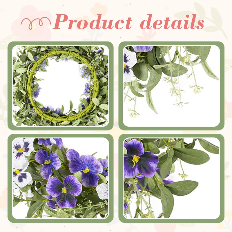 YNYLCHMX 18" Spring Summer Wreaths for Front Door, Artificial Floral Wreath with Purple Pansy Flowers Green Eucalyptus Leaves, Green Foliage Wreath for Wall Window Farmhouse Party Holiday Home Decor - Image 4