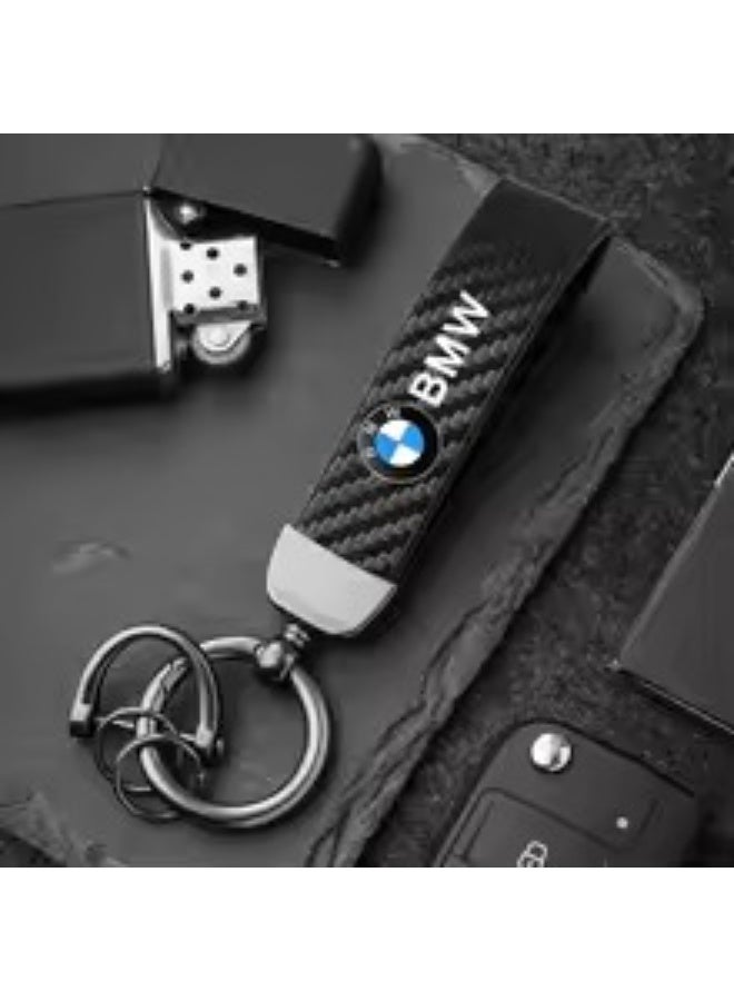 سلسلة مفاتيح سيارة BMW بحزام جلدي من ألياف الكربون، مع مشبك معدني قابل للسحب وحلقة - أسود - Image 3