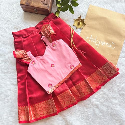 Picksparrow Baby Girl Pattu pavadai/Lehenga Choli/Festive Indian wear (Cotton Silk) (Pink, 6-12 Months) - Image 2