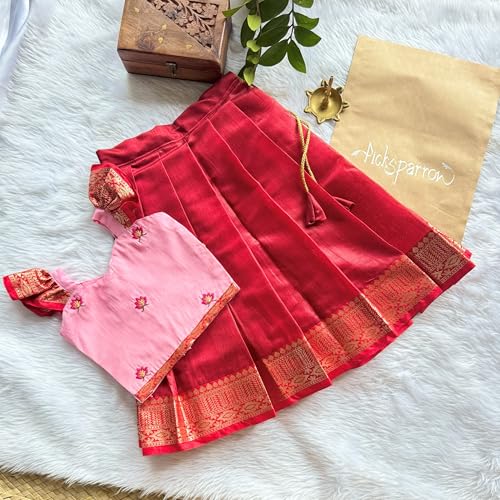 Picksparrow Baby Girl Pattu pavadai/Lehenga Choli/Festive Indian wear (Cotton Silk) (Pink, 6-12 Months) - Image 5