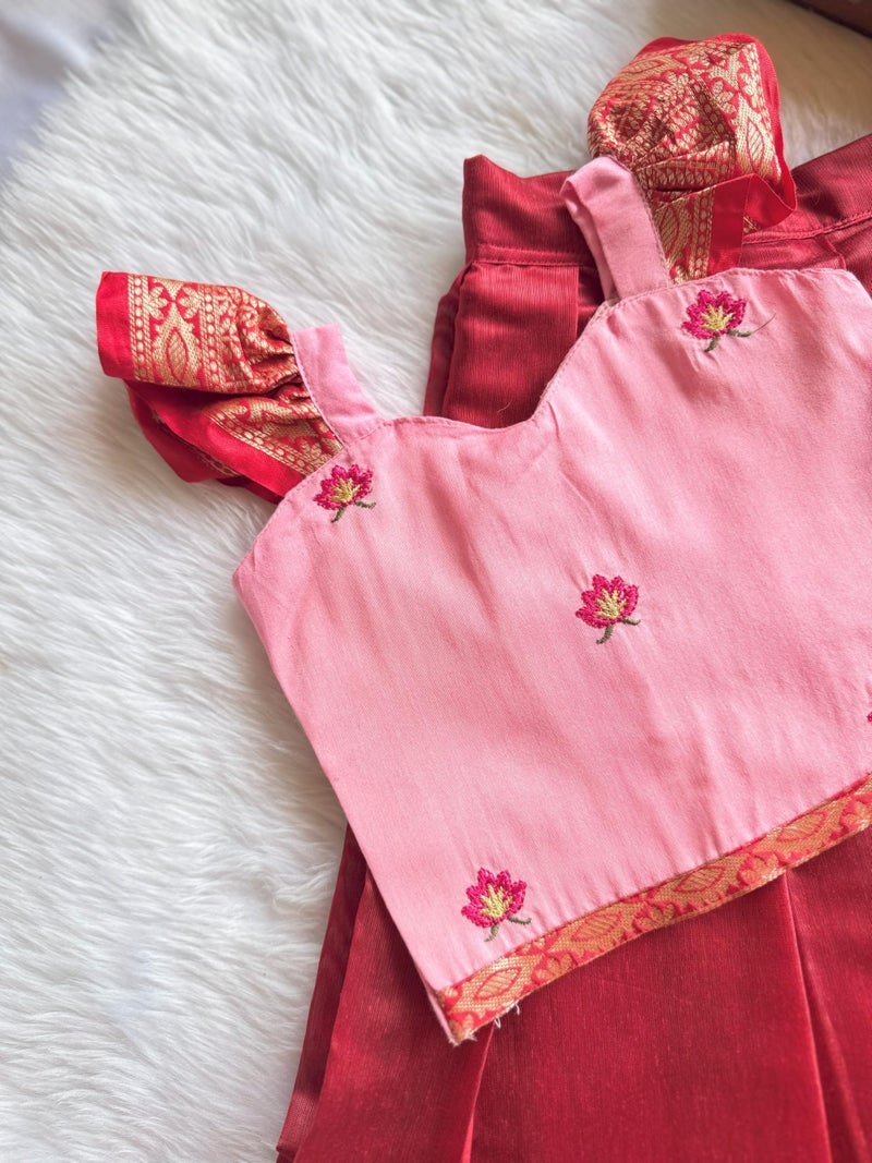 Picksparrow Baby Girl Pattu pavadai/Lehenga Choli/Festive Indian wear (Cotton Silk) (Pink, 6-12 Months) - Image 4