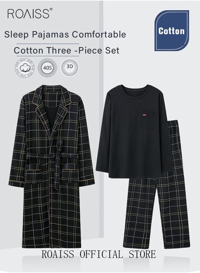 roaiss 3 Piece Warm Pajamas Set for Men Lattice Simple Robe Long Cotton Sleepwear Suit Mens Home Wear Pyjamas Set Autumn Winter Soft Loose Skin Friendly Loungewear Black(Long Sleeves + Pants + Robe)  - Image 1