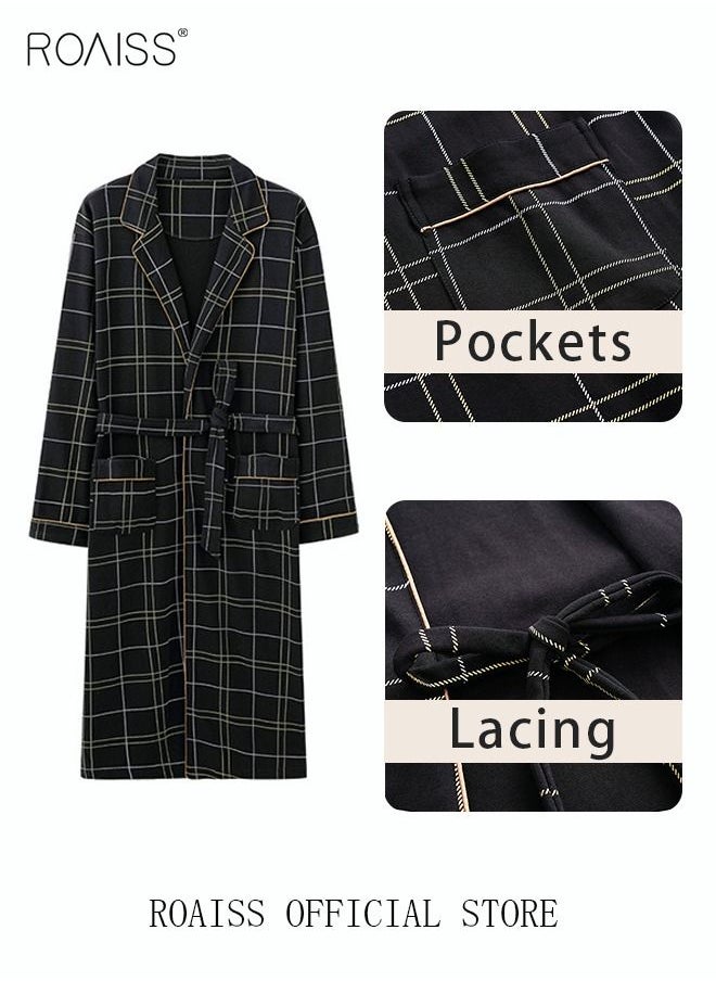 roaiss 3 Piece Warm Pajamas Set for Men Lattice Simple Robe Long Cotton Sleepwear Suit Mens Home Wear Pyjamas Set Autumn Winter Soft Loose Skin Friendly Loungewear Black(Long Sleeves + Pants + Robe)  - Image 3