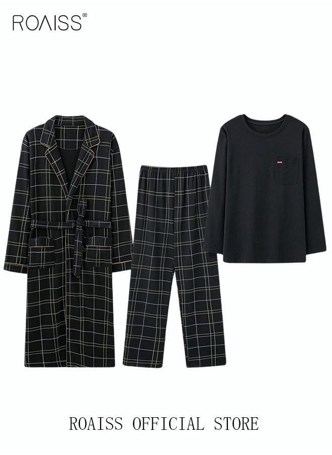 3 Piece Warm Pajamas Set for Men Lattice Simple Robe Long Cotton Sleepwear Suit Mens Home Wear Pyjamas Set Autumn Winter Soft Loose Skin Friendly Loungewear Black(Long Sleeves + Pants + Robe) - pzsku/Z2F046B205D9FB0E0EC59Z/45/_/1673007816/7208d569-aab1-46e5-b4de-1913afc31c68